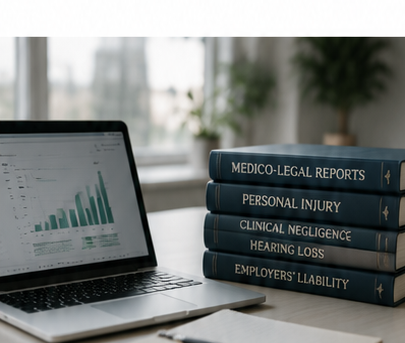 Medico-legal reports and casework arranged on a professional desk